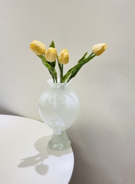 复古白色法式高脚艺术小众氛围感玻璃中古花瓶插花器奶呼呼手工