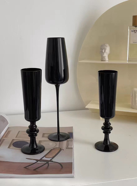 法式中古玻璃杯 黑色杯杆玻璃杯样板间酒具摆件 黑色高脚玻璃杯