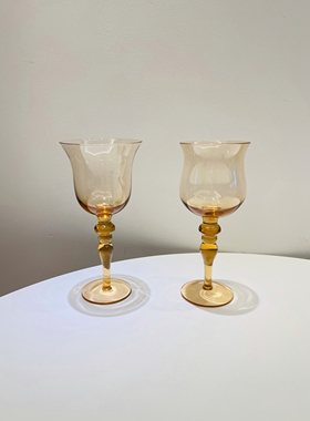 外贸出口手工玻璃高脚杯复古金橙琥珀色复古酒杯罗马柱复古