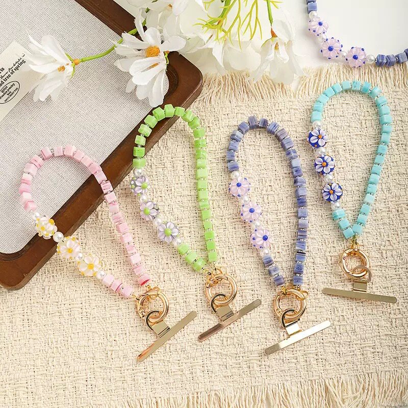 新款彩色立体花手机链条手链装时尚小清新雪花爱心蓝白色水晶手链