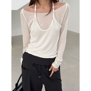 T恤 天丝羊毛长袖 509826 waitmore温柔气质韩系假两件针织衫 L少女