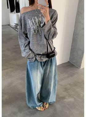 L少女 Tessbrii休闲慵懒风斜肩字母印花长袖T恤女 露肩上衣38878#