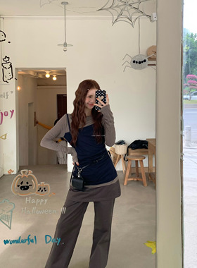 L少女 韩系慵懒风长袖T恤女假两件拼接撞色灰色显瘦打底斜肩上衣