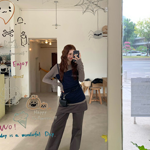 L少女 T恤女假两件拼接撞色灰色显瘦打底斜肩上衣 韩系慵懒风长袖