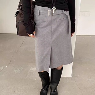 L少女 waitmore 知识分子穿搭 竖条纹西装裙腰带高腰半身裙509026