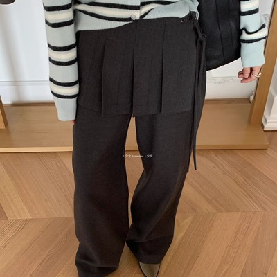 L少女 waitmore系带百褶屁帘休闲裤女显瘦直筒西装裤毛呢裤617725