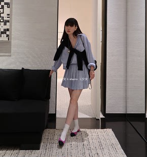 L少女 心动讯号~复古蓝色条纹衬衫套装通勤休闲两件套百褶短裙子