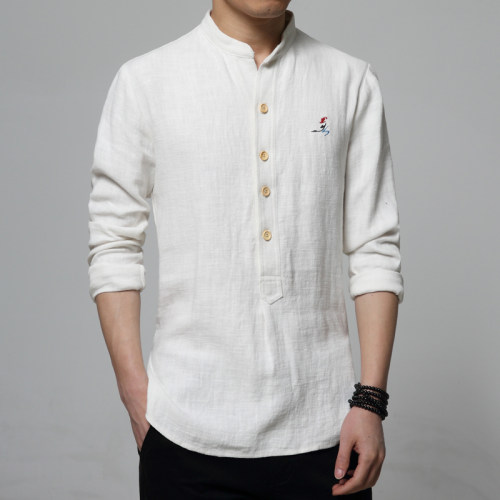 中国风唐装男春秋亚麻衬衫青年棉麻上衣居士服男士汉服古风茶人服