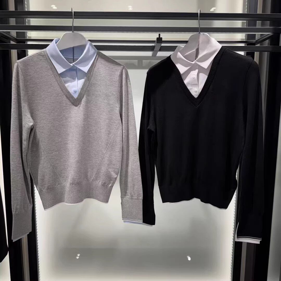26新款韩国高尔夫学院风假两件V领针织衫女长袖运动洋气百搭上衣