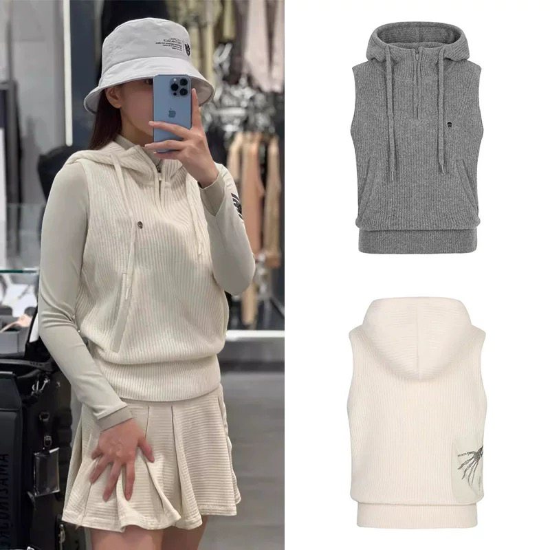 新款韩国原单高尔夫服装女士秋冬时尚百搭保暖针织衫无袖连帽马甲