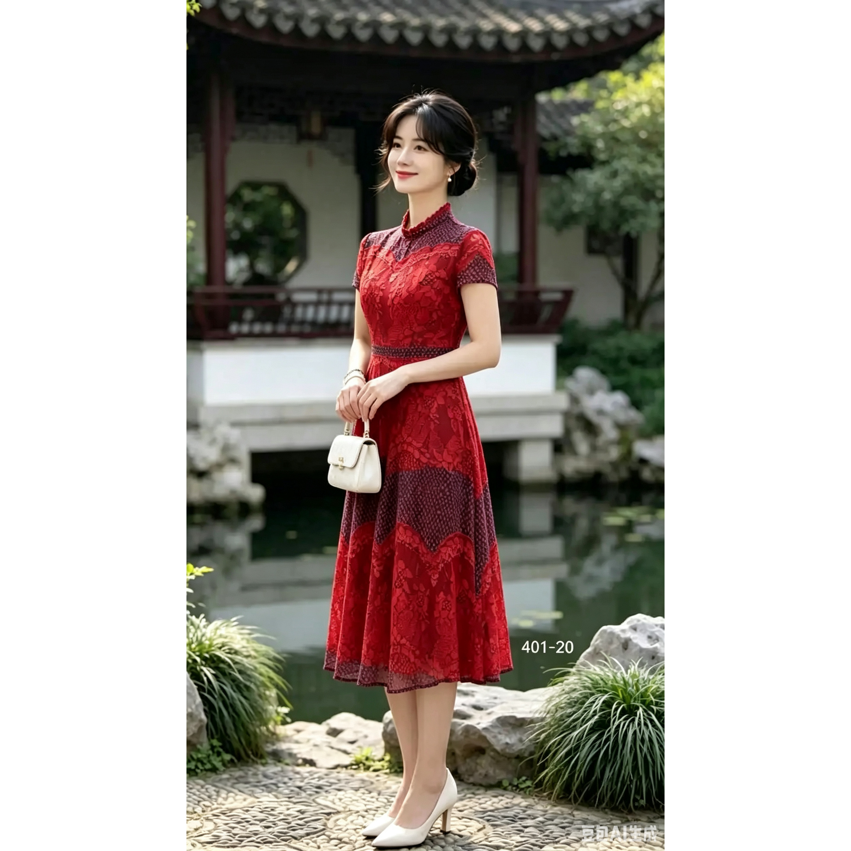 温柔风红色蕾丝连衣裙女立领短袖连衣裙