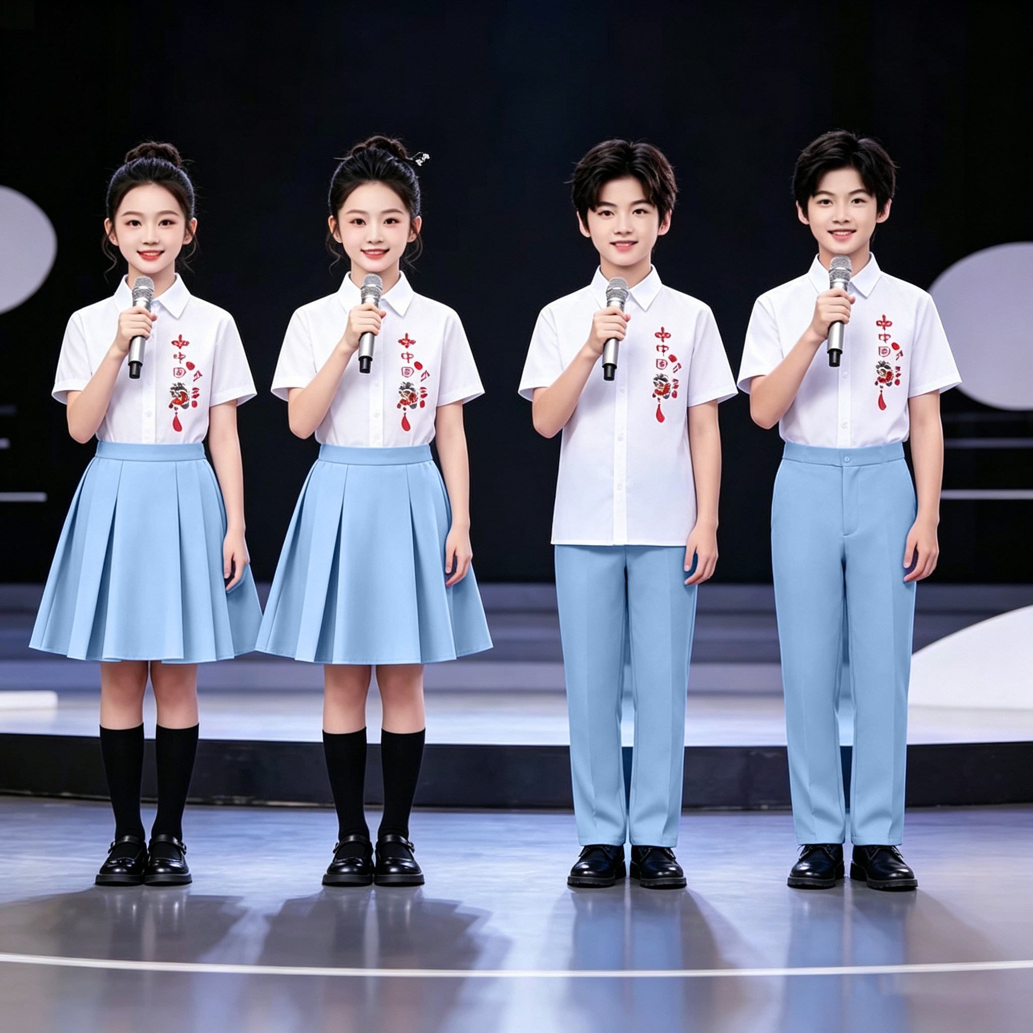 儿童朗诵合唱演出服小学生演讲比赛中国风诗歌蓝爱国主题主持礼服图片