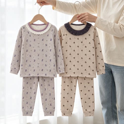 可爱女童精梳莱卡棉A类双层保暖儿童家居服套装圆领秋冬儿童睡衣