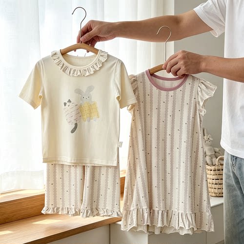 清仓 清爽滑溜莫代尔棉A类儿童家居服套装圆领卡通女童空调服