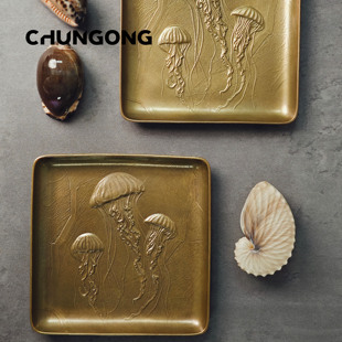 春工 纯铜黄铜铜盘欧式中古方盘子装饰工艺品摆件定制高级饰品盘