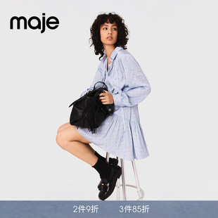 Maje商场同款春夏款女装法式气质时尚浅色蝴蝶结领口收腰连衣裙