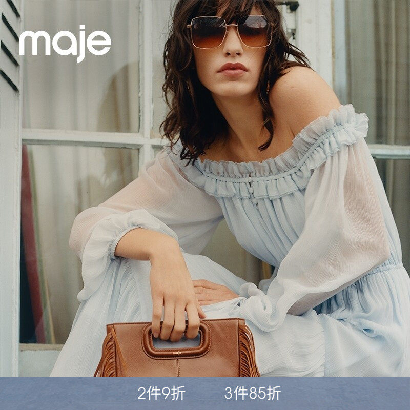 Maje春夏女装法式时尚气质天蓝色一字肩系带袖口长款雪纺连衣裙