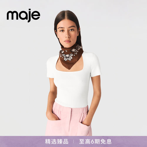 Maje法式方领修身短袖针织上衣