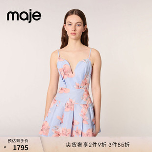 Maje2025春夏女装法式时尚花卉印花V领收腰短款吊带喇叭连衣裙