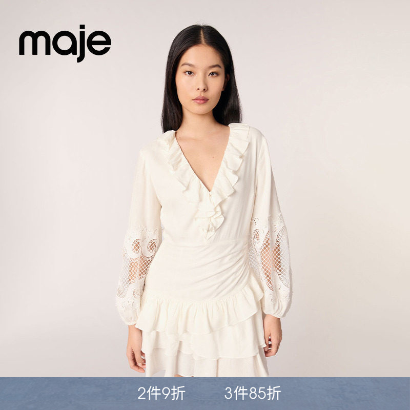 Maje春夏女装时尚优雅荷叶边层叠裙摆镂空花纹灯笼袖短款连衣裙
