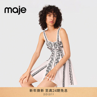 Maje经典款秋冬款女装法式浪漫亚麻混纺绣花短款短款吊带连衣裙