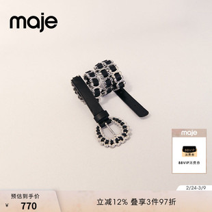 Maje2025春夏款女士法式时尚黑色编织可调节链式孔眼皮革女式腰带