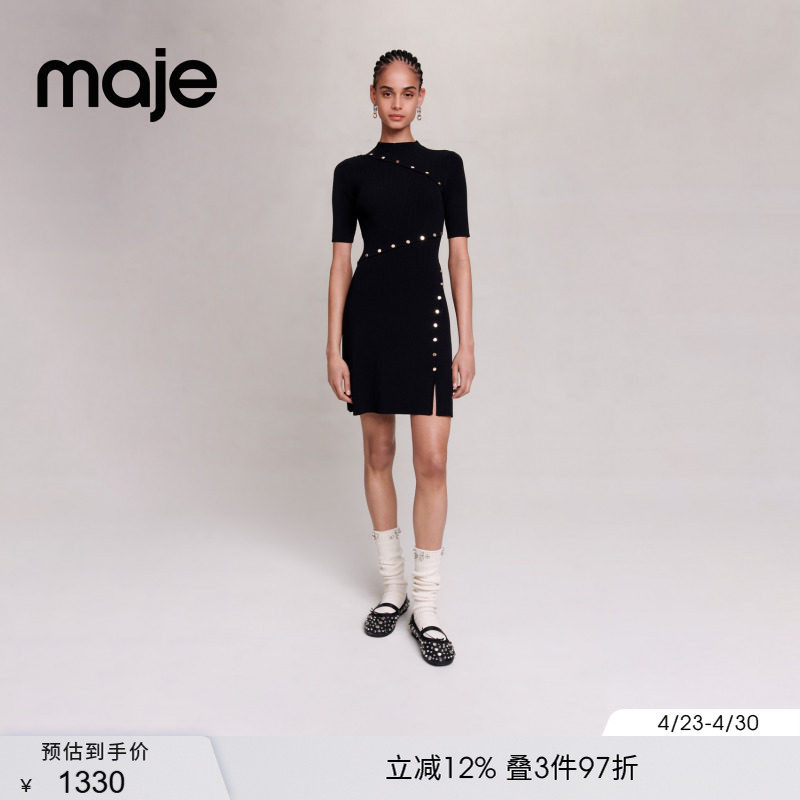 Maje春夏女装经典时尚黑色纽扣装饰圆领套头收腰短款针织连衣裙
