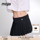 Maje2025春夏女装 半身裙 学院风黑色侧拉链高腰百褶短款 法式 时尚