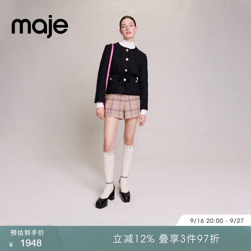 maje女装光泽花呢纽扣直筒短外套图片