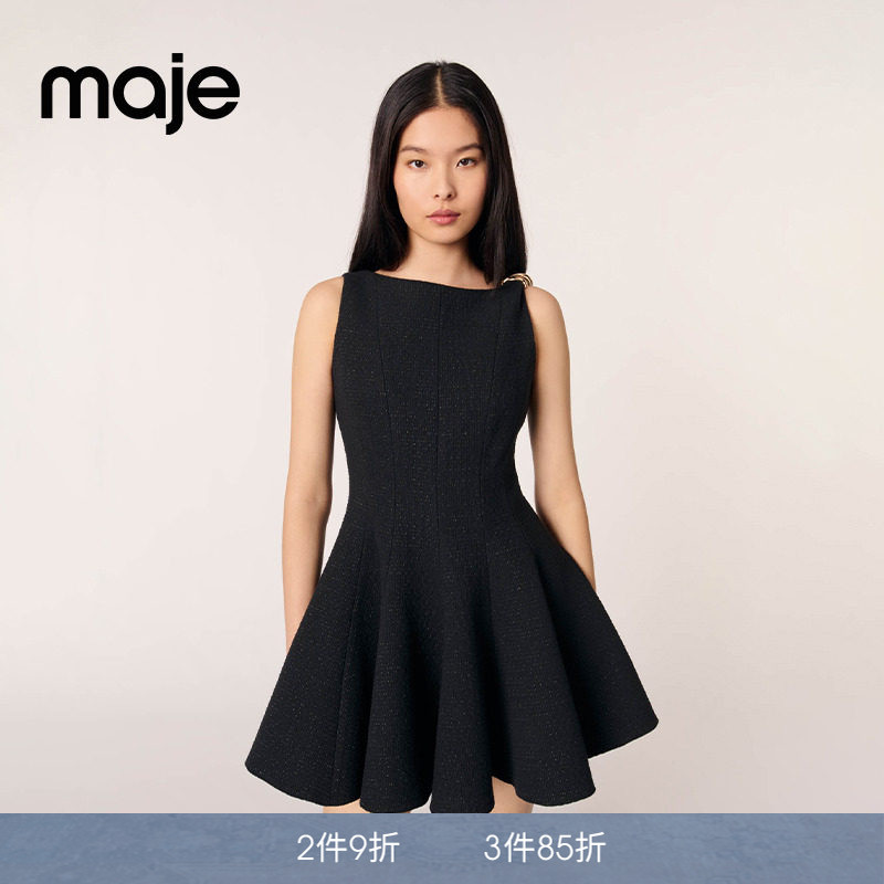 Maje春夏女装法式精致优雅气质圆领无袖短款修身花呢短款连衣裙