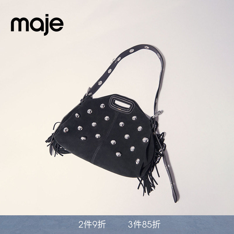 Miss M｜Maje春夏女士法式时尚银色铆钉流苏装饰可调节小方