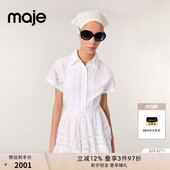 Maje2025春夏女装 收腰连衣裙 白色镂空花纹刺绣翻领短款 法式 时尚