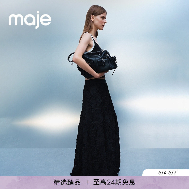 Maje经典款春夏女装法式时尚黑色镂空花卉图案长款高腰针织半裙