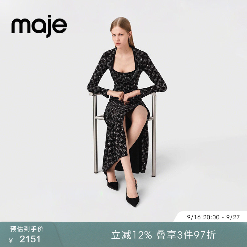 Maje春夏女装法式时尚黑色仿钻饰直身垂坠侧开衩方领长款连衣裙										