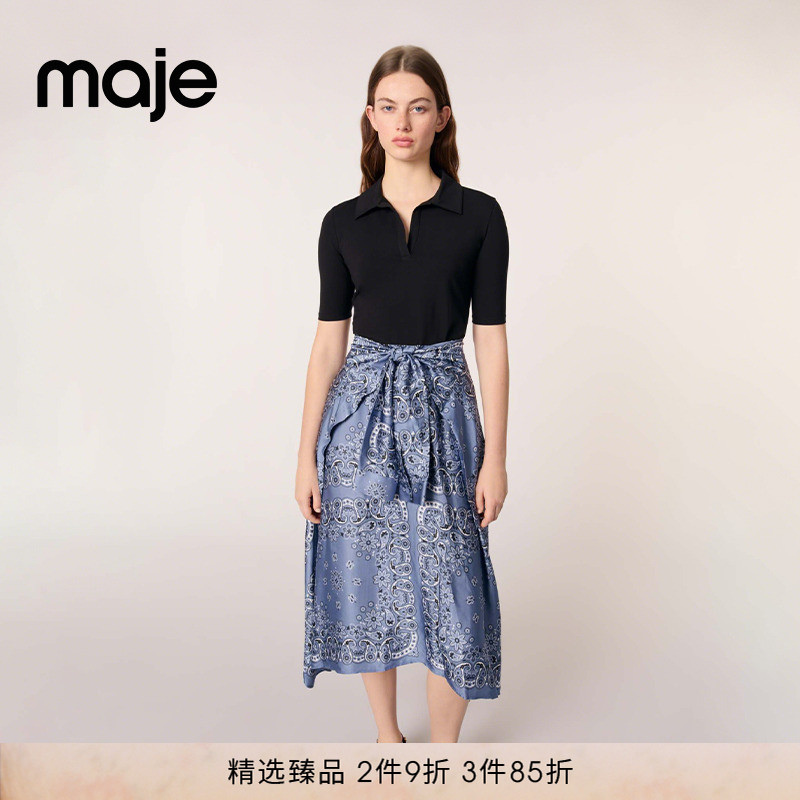 Maje气质印花拼接长款收腰连衣裙