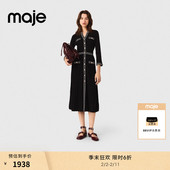黑色V领褶皱长款 季 针织连衣裙 法式 时尚 末6折Maje2025秋冬新款 女装