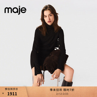 季末7折Maje2025秋冬款女装法式时尚黑色圆高领拼接式收腰连衣裙