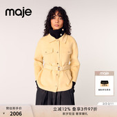 Maje2025春夏女装 毛呢外套 羊毛混纺黄色系带收腰翻领短款 法式 时尚