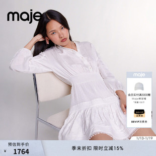 Maje秋冬女装法式气质衬衫领蕾丝边刺绣镂空收腰短款长袖连衣裙