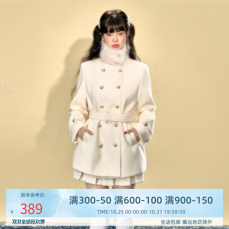 QDQD 立领呢子大衣女冬季新款高级感气质显瘦系腰带收腰毛呢外套