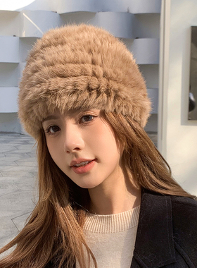 真兔毛帽子女加厚毛毛帽皮草防寒保暖护耳毛绒针织帽包头帽秋冬
