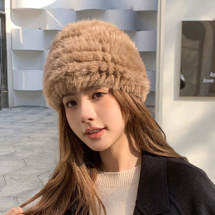 真兔毛帽子女加厚毛毛帽皮草防寒保暖护耳毛绒针织帽包头帽秋冬