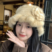水貂毛气质花朵皮草帽子女秋冬季 甜美貂皮帽保暖加厚包头帽渔夫帽