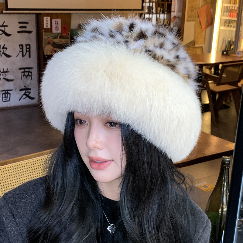 韩国高端龙猫青紫蓝渔夫帽女冬季百搭保暖狐狸毛边皮草帽子盆帽新