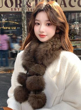整皮编织双面狐狸毛球球围巾真毛长款围巾韩系皮草毛领真毛毛围脖