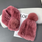 加厚保暖真兔毛皮草帽子围巾套装 防寒毛毛帽包头毛绒帽子女冬季