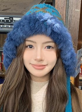 川西旅游针织护耳兔毛帽子女秋冬季2024新款保暖显脸小毛线渔夫帽