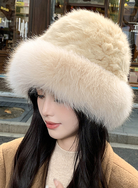 兔毛帽子狐狸毛渔夫帽冬季防寒加厚护耳帽百搭保暖显脸小盆帽礼帽