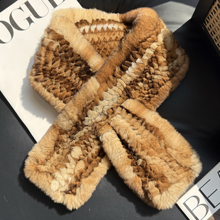 进口真獭兔毛皮草围巾韩版 编制毛毛围脖保暖双面加厚毛领 简约长款