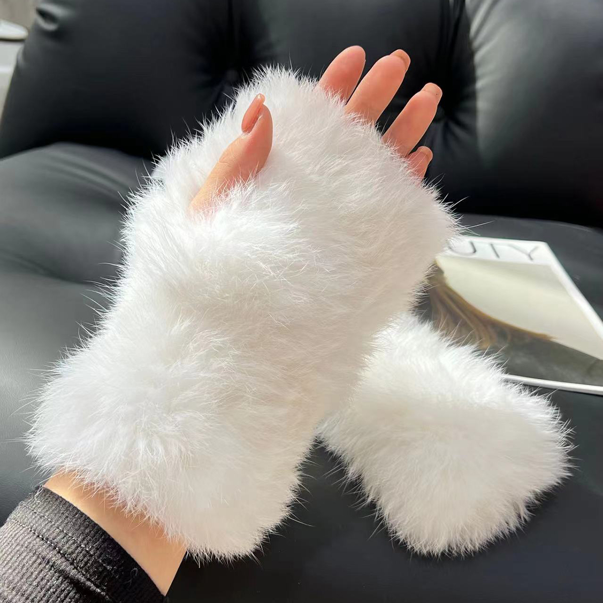 裘瑞兴女兔毛半指手套皮草手套